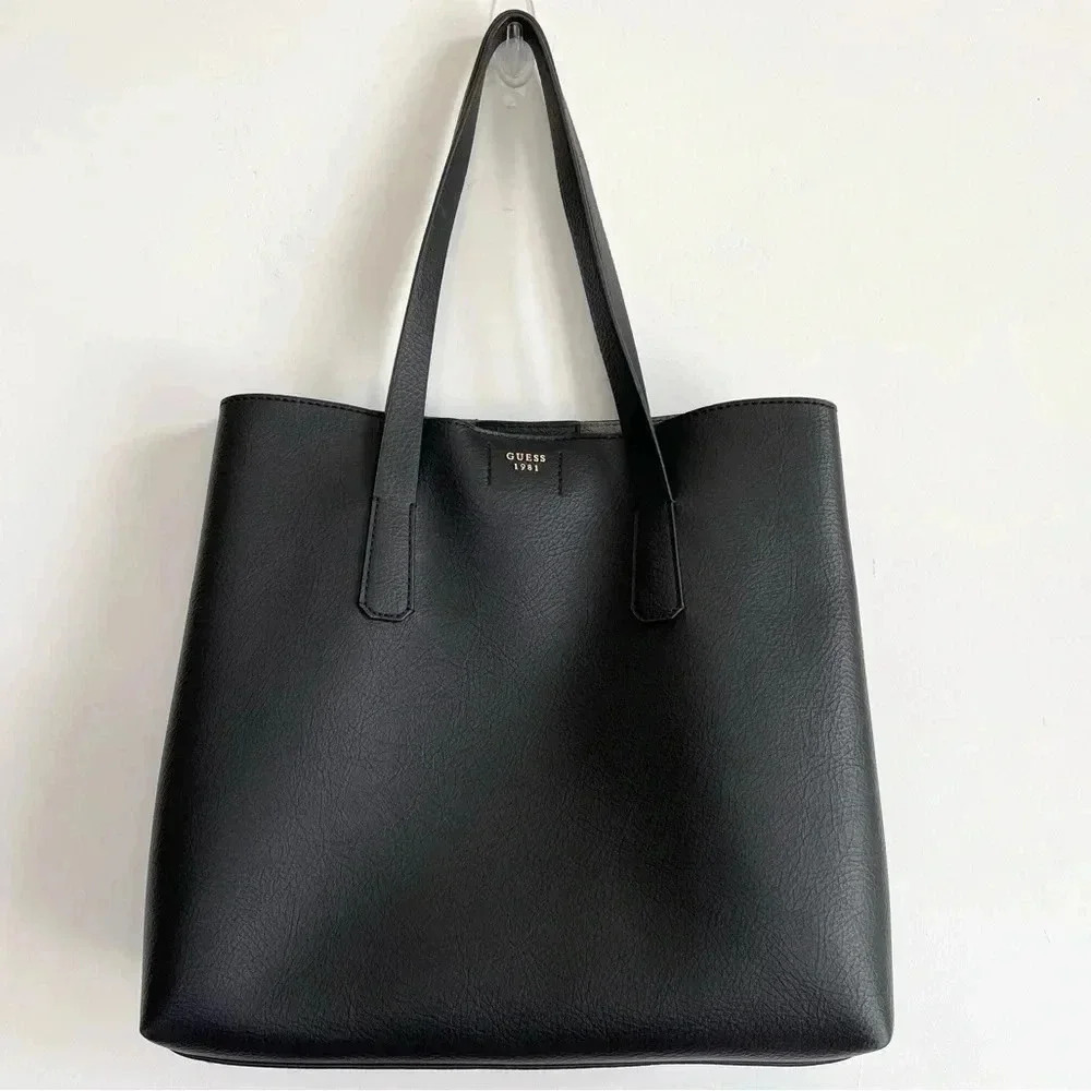 NWOT Guess Black Satchel Shoulder Bag Faux Leather Gold Hardware Pebbled Classic